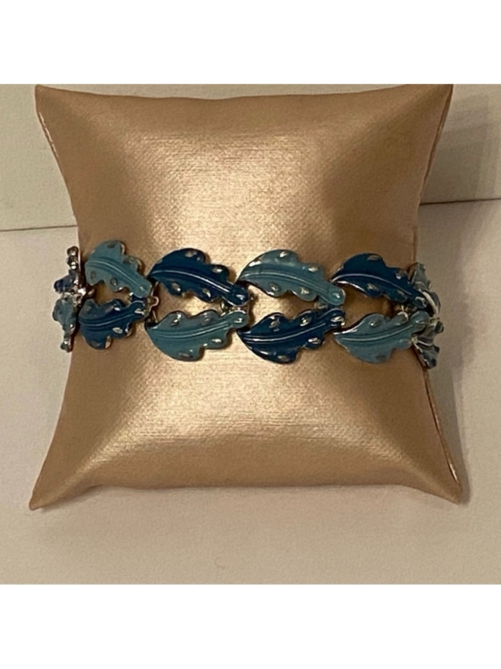 CORO SIGNED BRACELET LINKS BLUE ENAMEL LEAVES VINTAGE SILVER TONE 7”